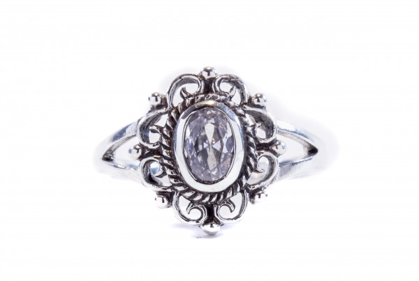 Ring mit Kristall weiß 'Ciscandra' Blume Mittelalter Ornament Silber