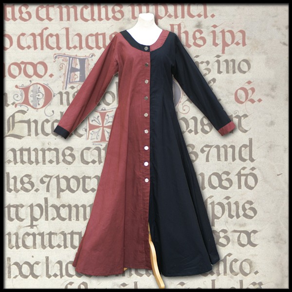 Spätmittelalterliches Kleid, geknöpft, mi-parti, 100 % Baumwolle Mittelalter und LARP Gewand Maßanfe