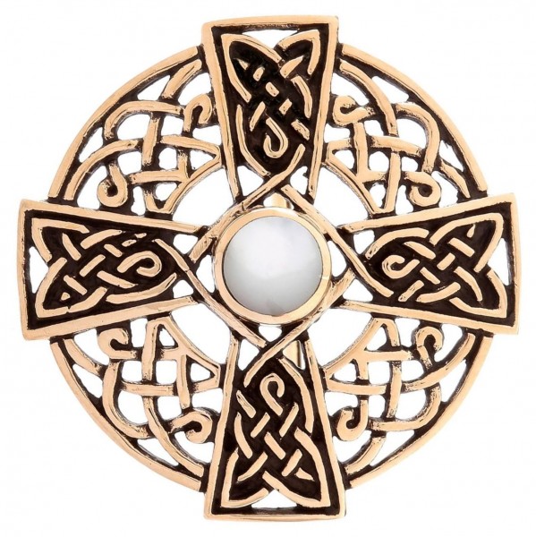 Fibel Brosche 'Namida - Keltisches Kreuz - Perlmutt' aus Bronze - Mittelalter, Larp, Fantasy Schmuck