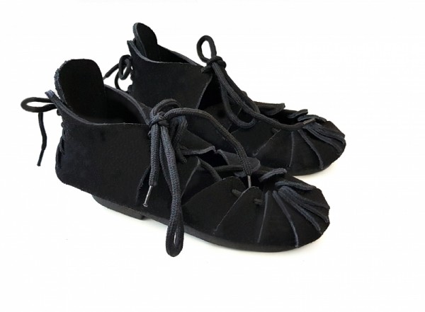 Mittelalterschuhe für Kinder Bundschuhe aus Veloursleder schwarz - Mittelalterliches Schuhwerk