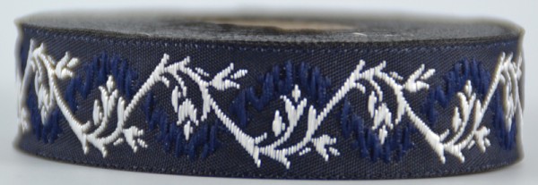 Borte Blumenranke in Marineblau-Silber19 mm- Webborte zur Verzierung mittelalterlicher Kostüme und L
