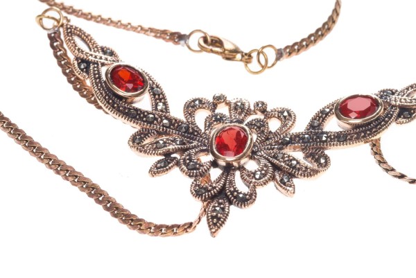 Bronze Halskette mit roten Kristallen und Markasit Steinchen - Mittelalterlich gotische Ornamentik