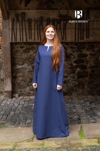 Knöchellanges Unterkleid Feme dunkelblau - Mittelalter Baumwolle mit Zierstichen & geschlitztem Auss