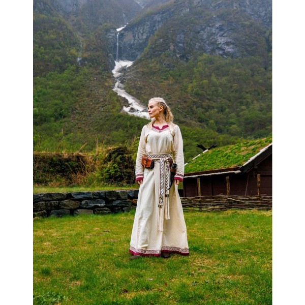 Wikingerkleid bestickt "Lagertha" Natur/Rot - Frühmittelalterliches Gewand Wikinger Kelten