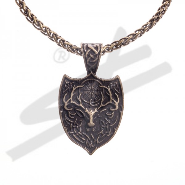 Halskette keltischer Hirsch mit AEGISHJALMUR, altmessingfarben