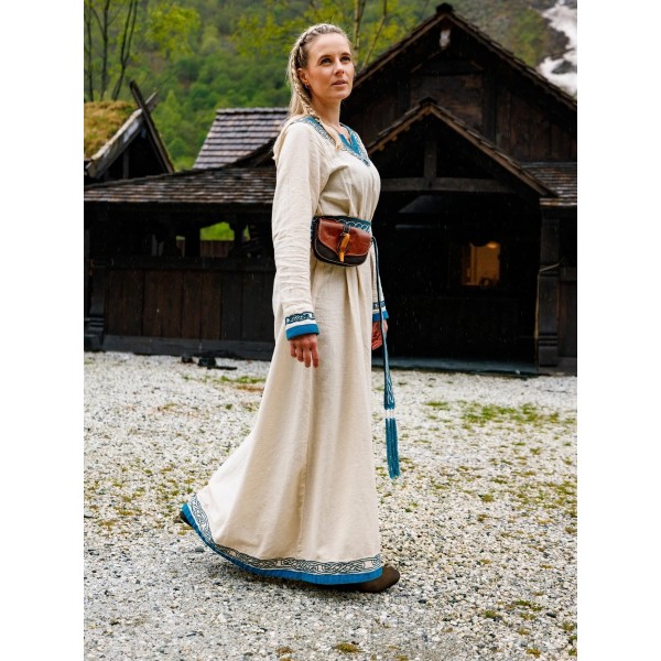 Wikingerkleid bestickt "Lagertha" Natur/Blau - Frühmittelalterliches Gewand Wikinger Kelten