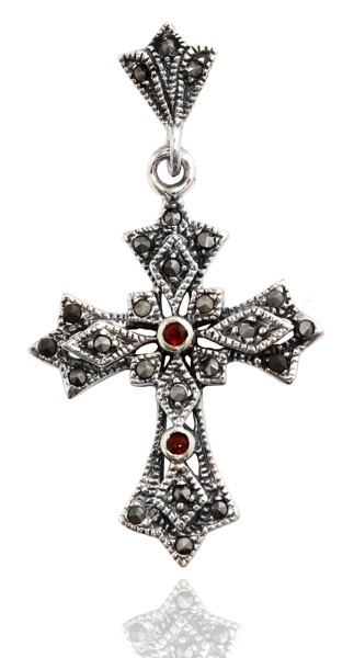 Mittelalter Kreuz, Anhänger 'Kreuz mit zwei kleinen Granatsteinen' aus Silber 925 - Mittelalter, Lar