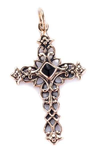 Mittelalter Kreuz, Anhänger 'Mittelalterliches Kreuz mit Onyx' aus Bronze - Mittelalter, Larp, Reena