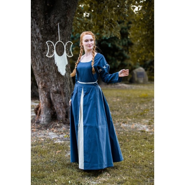 Mittelalterkleid "Larina" mit Nestelärmeln blau-natur