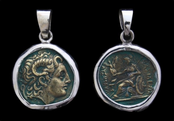 Amulett, Anhänger 'Münze Alexander der Große' aus Silber 925 - Mittelalter, Larp, Fantasy Schmuck
