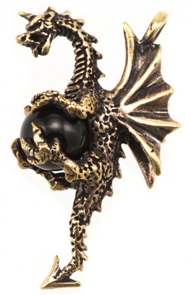 Drachen Amulett, Anhänger 'Drache mit schwarzer Kugel' aus Bronze - Mittelalter, Larp, Reenactment S