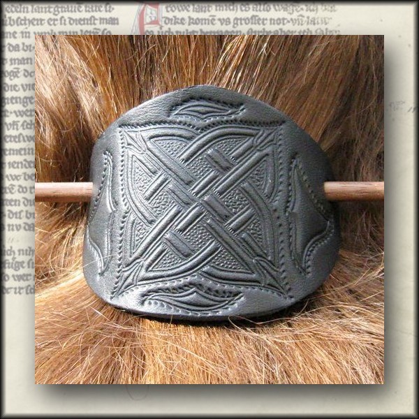 Leder Haarspange Keltisch mit Prägung, Fächerform - Accessoire, Haarschmuck für Mittelalter, LARP un