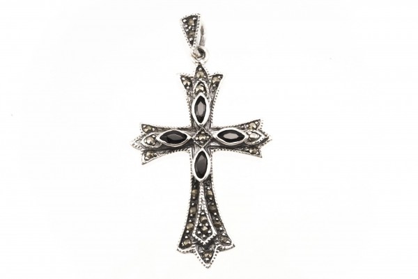 Mittelalter Kreuz, Anhänger 'Iara - Schwarzer Kristall' aus Silber 925 - Mittelalter, Larp, Reenactm