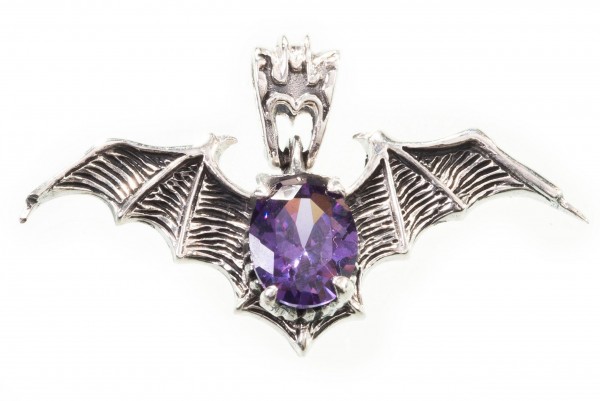 Amulett, Anhänger 'Fledermaus mit violetten Stein' aus Silber 925 - Mittelalter, Larp, Fantasy Schmu