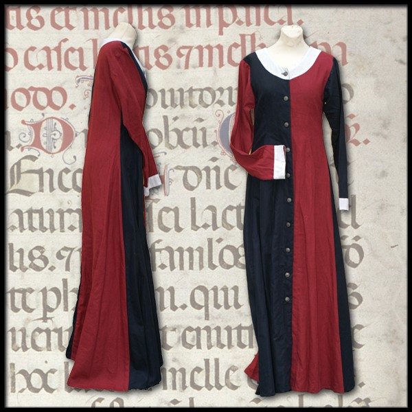 Spätmittelalterliches Kleid, geknöpft, mi-parti, 100 % Leinen - Mittelalter und LARP Gewand Maßanfe