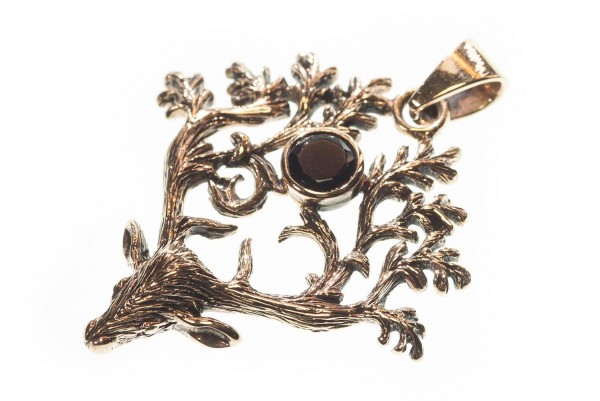Amulett, Anhänger 'Radjur - Hirsch mit schwarzem Kristall' aus Bronze - Mittelalter, Larp, Fantasy S