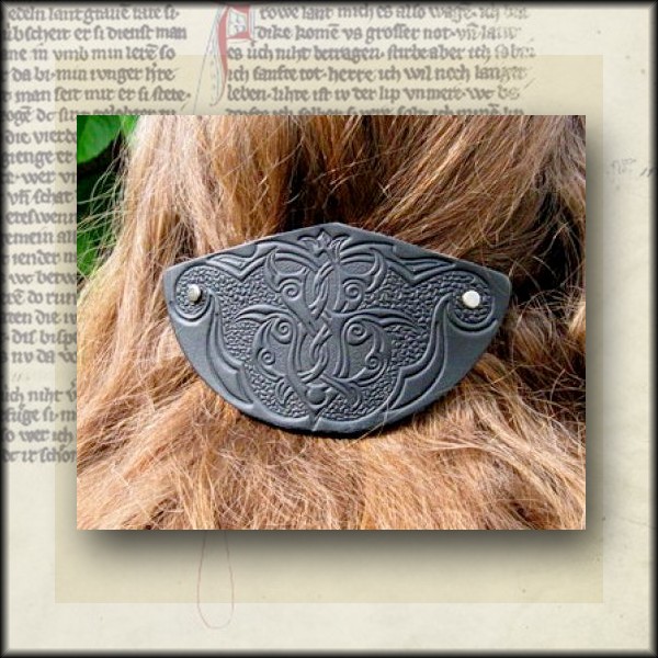 Leder Haarspange Arabeske mit Prägung, Fächerform - Accessoire, Haarschmuck für Mittelalter, LARP un