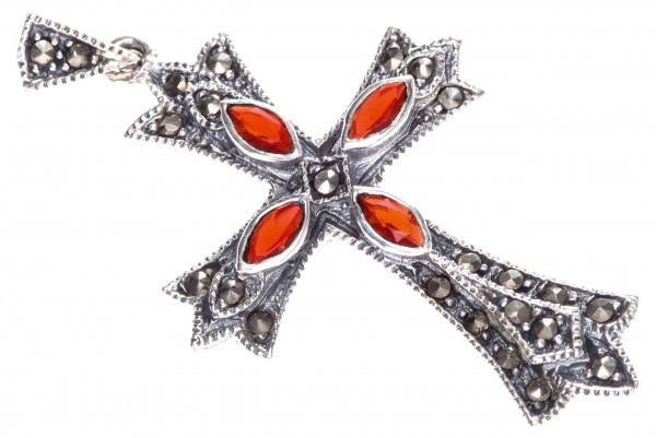 Mittelalter Kreuz, Anhänger 'Iara - Roter Kristall' aus Silber 925 - Mittelalter, Larp, Reenactment