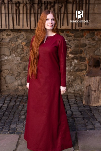 Knöchellanges Unterkleid Feme burgunder-rot - Mittelalter Baumwolle mit Zierstichen & geschlitztem A