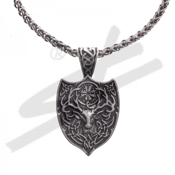Halskette keltischer Hirsch mit AEGISHJALMUR, silberfarben