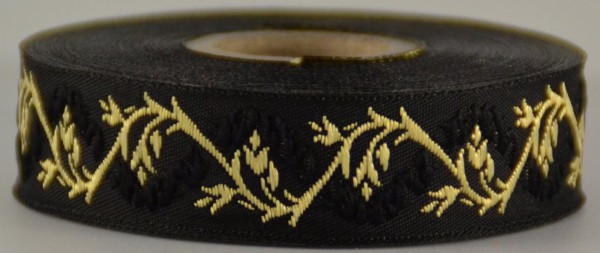 Borte Blumenranke in Schwarz-Gold, 19 mm- Webborte zur Verzierung mittelalterlicher Kostüme und Larp