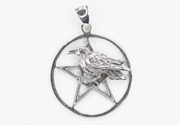 Amulett, Anhänger 'Freki - Rabe im Pentagramm' aus Silber 925 - Mittelalter, Larp, Fantasy Schmuck