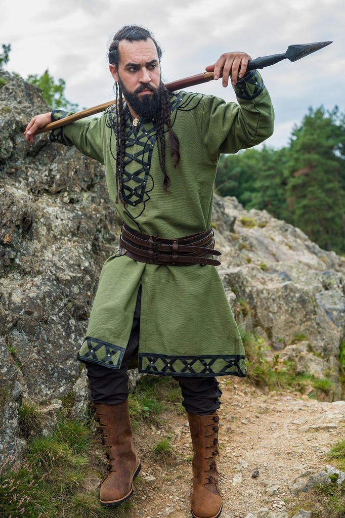 Wikingertunika Erik Grün mit Lederapplikation und Nieten Wikinger