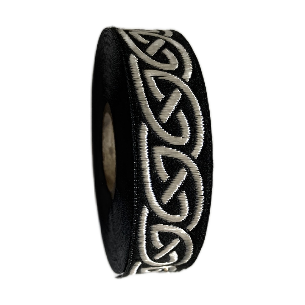 Borte Keltisch 2 in Schwarz-silber, 19 mm- Webborte zur Verzierung mittelalterlicher Kostüme und Larp Gewandungen