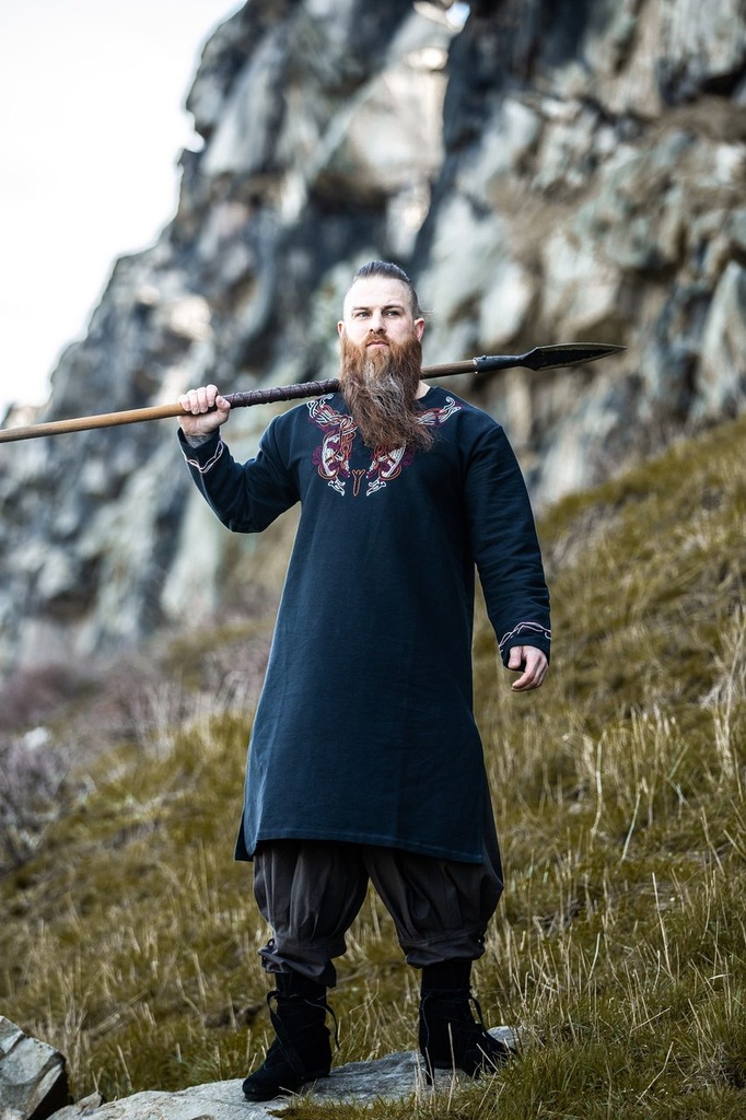 Wikinger Tunika "Snorri" mit Urnes-Stil Handstickerei Schwarz-Rot