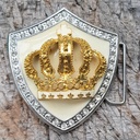 GUINEVERE, silberne 4cm Wappen-Schließe, weiß Emaille, Krone,Str