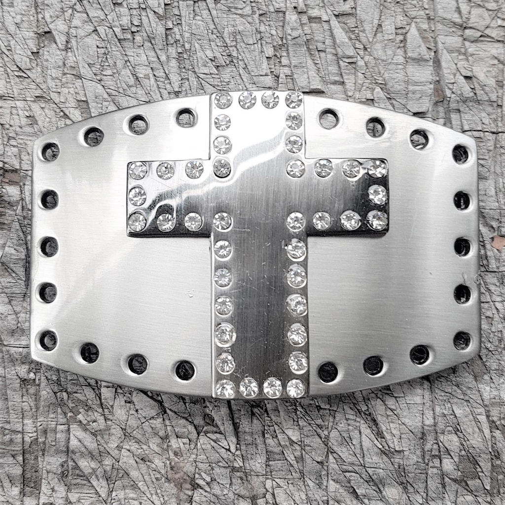 STRASS-KREUZ, altsilberne 4cm Schließe, Strass, Schnalle, Mittel
