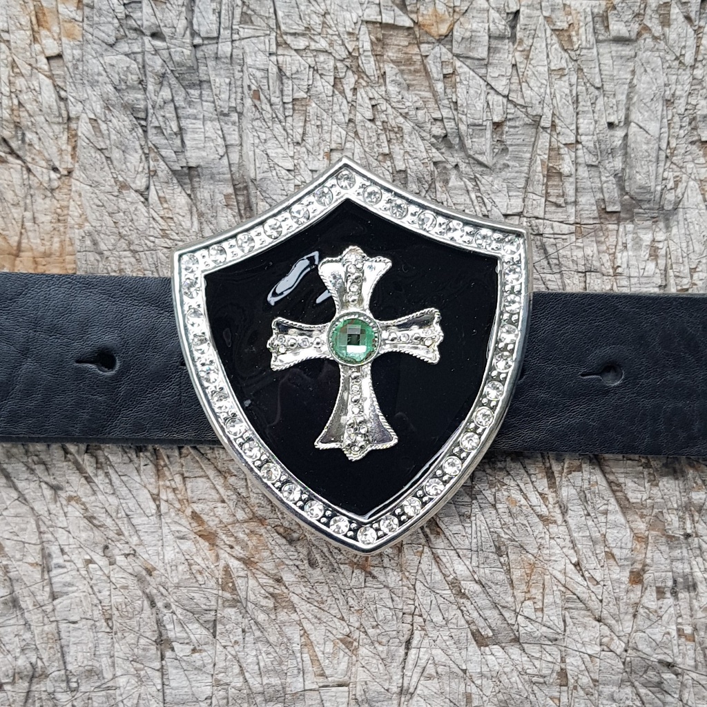 PARZIVAL, silberne 4cm Wappen-Schließe,schwarz Emaille,Strass, M