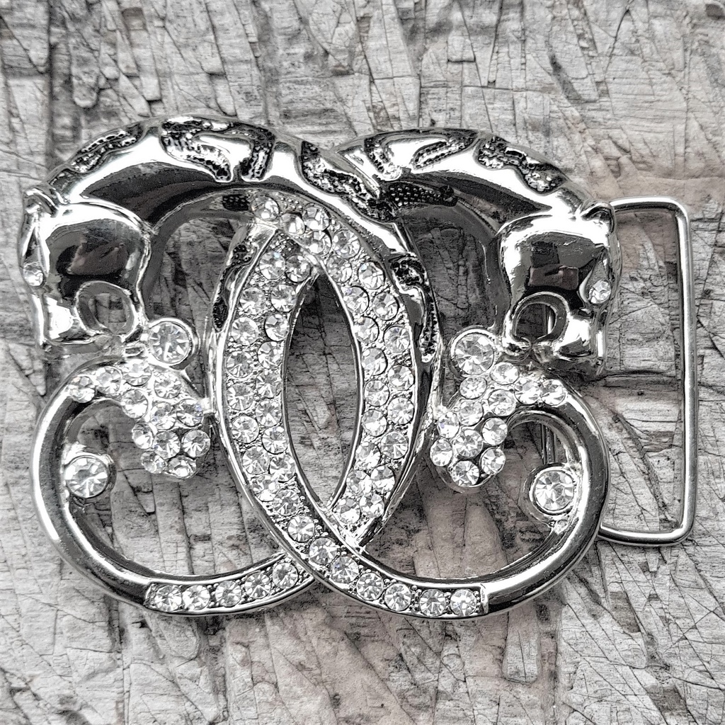 STRASS-LEOPARDEN, silberne 4cm Schließe, Strass, Schnalle, Mitte
