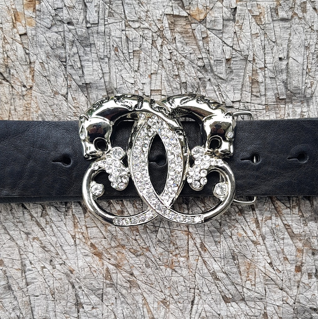 STRASS-LEOPARDEN, silberne 4cm Schließe, Strass, Schnalle, Mitte
