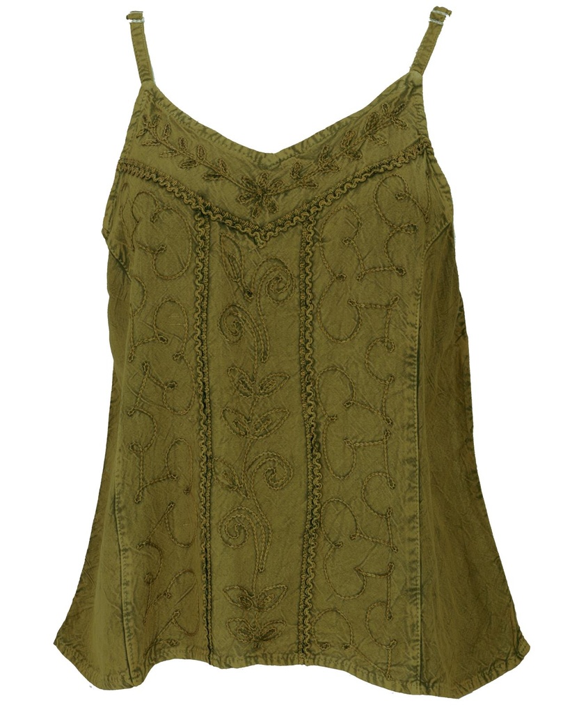 Besticktes Trägertop olivgrün ton-in-ton - Indischer Boho Chic