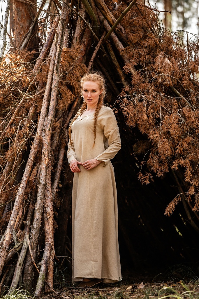 Unterkleid "Silke" hanffarben langarm bodenlang 100% Baumwolle