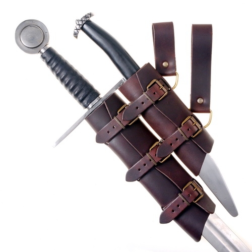 [04 SSG 4.sch-br] Doppel-Schwertgehänge aus Leder – Verstellbarer Schwerthalter für Schwert & Dolch (LARP & Reenactment) (schwarz-braun)
