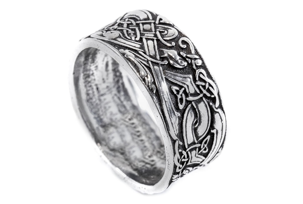 Breiter Wikinger-Ring FERON aus 925 Silber – 11 mm Bandring mit Fenriswolf und Knotenmuster