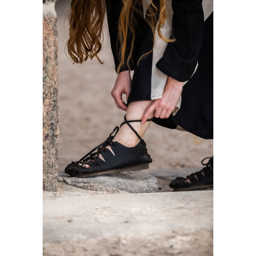 [31508-001] Mittelalterschuhe Bundschuhe aus Nubukleder mit fester Sohle - Schwarz (36)