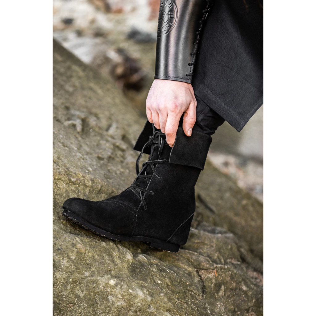 [31524-001] Mittelalterstiefel mit Schnürung und Stulpe Veloursleder schwarz - Mittelalterliches Schuhwerk (37)