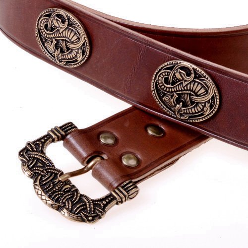 [10 wik 4:C ZN.kl.br.si] Wikinger Gürtel Gokstad 4 cm mit Riemenende und Nieten Langgürtel (S, braun, silber)