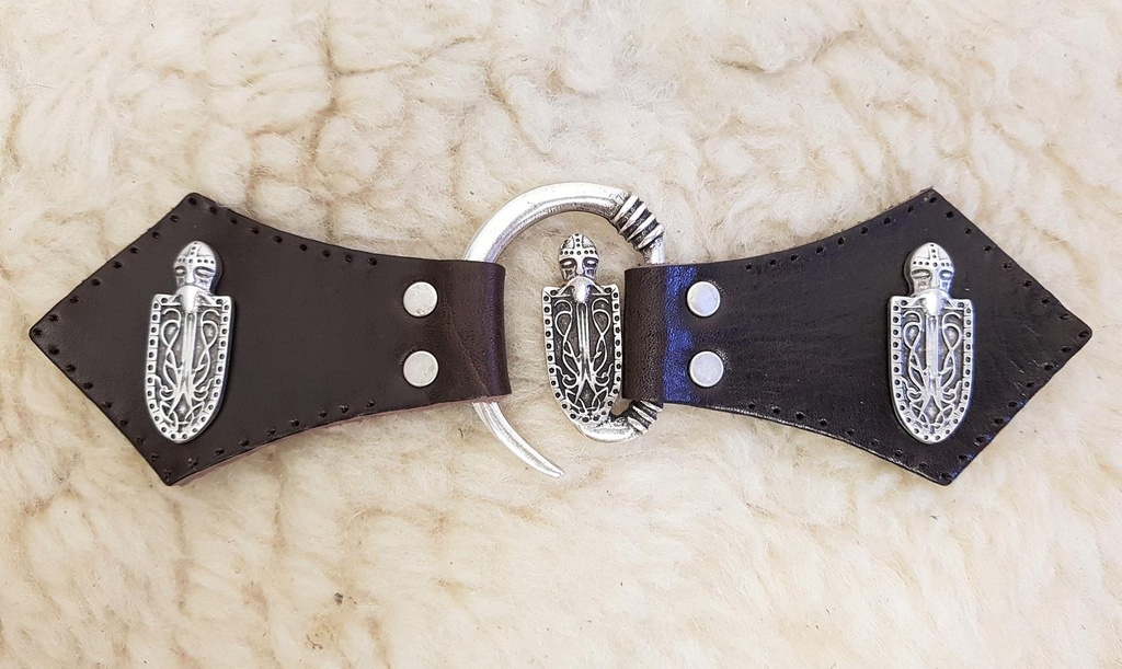 [34005-001] Ritter-Verschluss+ – Silberfarbener Mantelverschluss mit Wikinger-Ziernieten & Vollrindleder (braun)