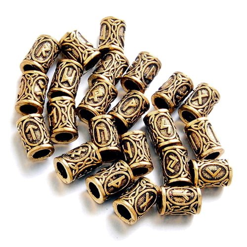 Runen Bartperlen Set Bronze – Wikinger Haarperlen mit Futhark Runen für Reenactment