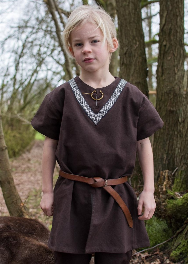 [35498-001] Kinder Kurzarm-Tunika Ailrik braun mit Bordüre Baumwolle - Gewand für Mittelalter, Larp und Reenactment (110)