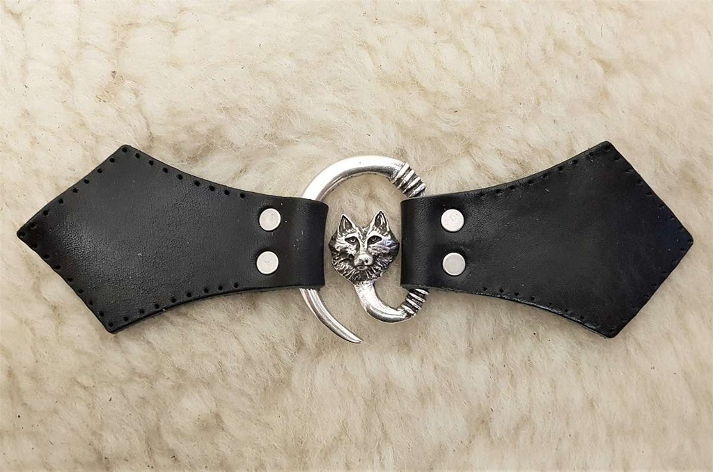 [35649-001] Wolfskopf Mantel-Verschluß, silbern mit Befestigungsleder (braun)