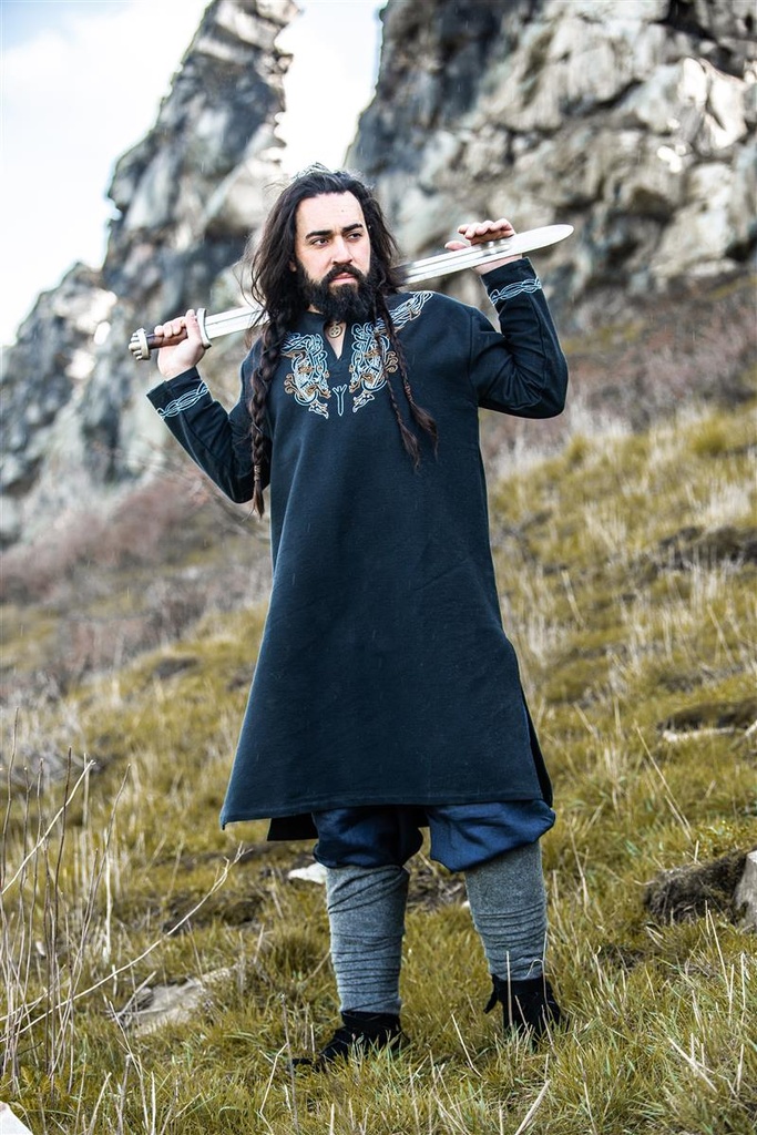 [35678-001] Wikingertunika "Snorri" mit Handstickerei im Urnes-Stil Schwarz (S)