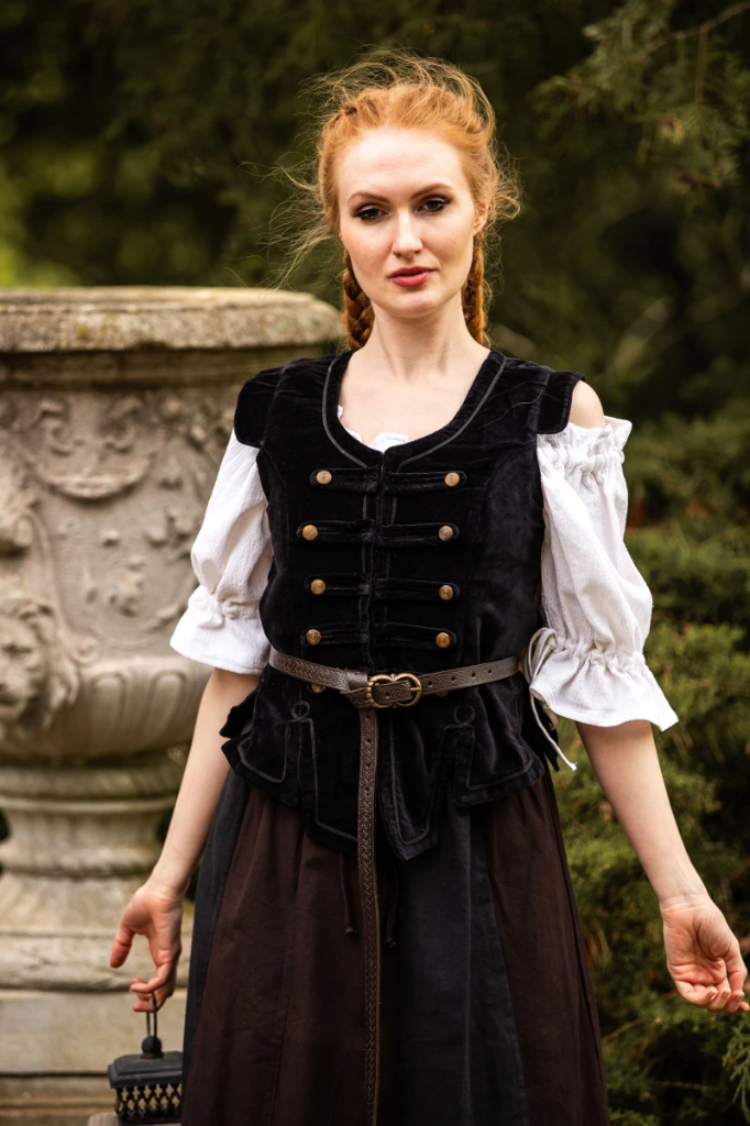 [5191-001] Uniformweste Adaliz – Schwarze Mittelalterliche Damenweste aus Samt (S)