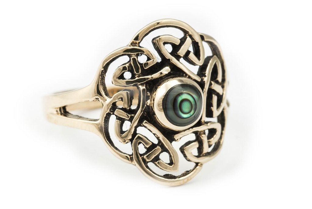 Keltischer Ring "Tavia" aus Bronze – 16 mm breiter Ring mit Paua-Muschel und Knotenmuster 