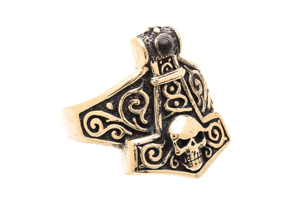 Wikinger-Ring "Thorunn" mit Mjölnir & Totenkopf aus Bronze – Kraftvoller Thorshammer-Ring mit Onyx 2,2 cm