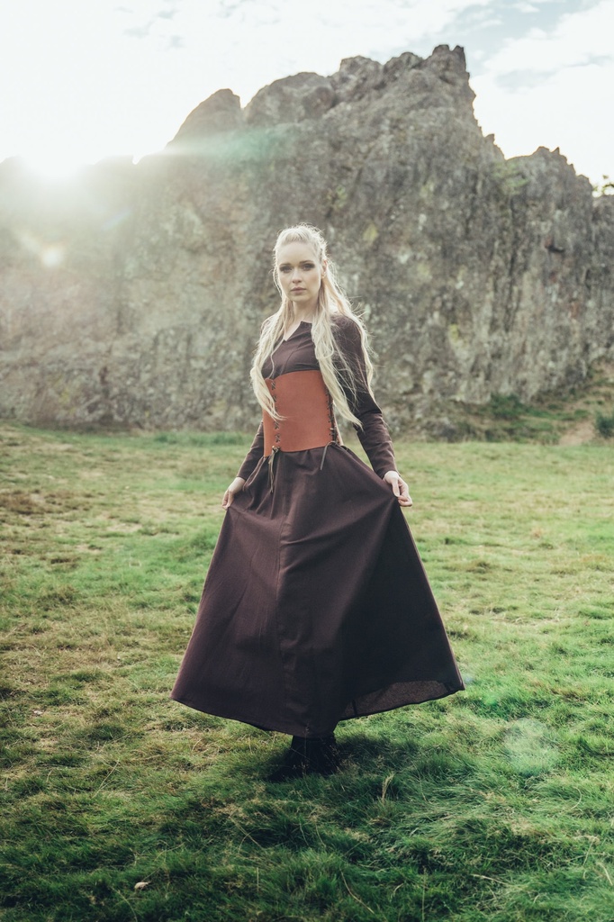 [4899d] Unterkleid "Silke" braun langarm bodenlang 100% Baumwolle  (XS)